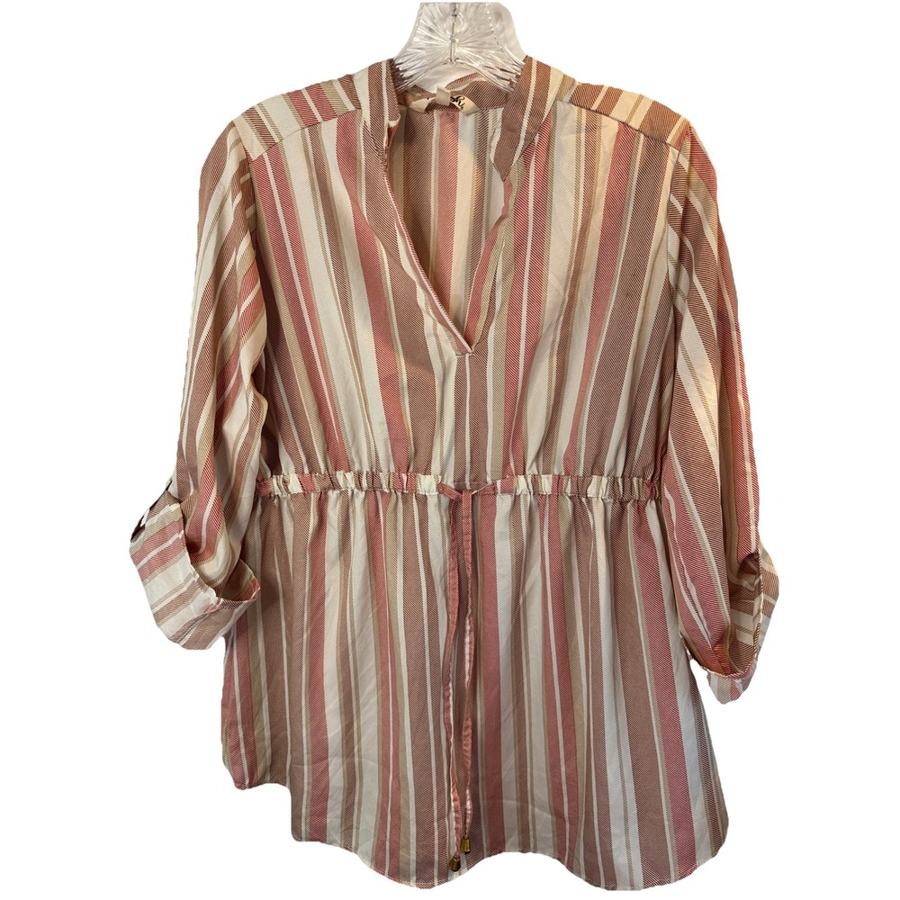 Hint of Blush Women Striped V-Neck Roll-Tab Sleeve Drawstring Tunic Top Medium